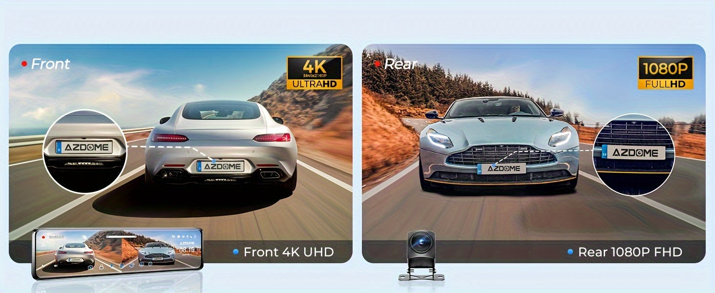 AZDOME 12" 4K Mirror Dash Cam, 4K Mirror Dash Cam with Touch Screen, Front And Rear, Rearview Mirror Camera, Split-Screen Display Rear View Mirror Camera, Dual Dash Camera for Cars, Night Vision, Parking Monitor, 64GB Card &