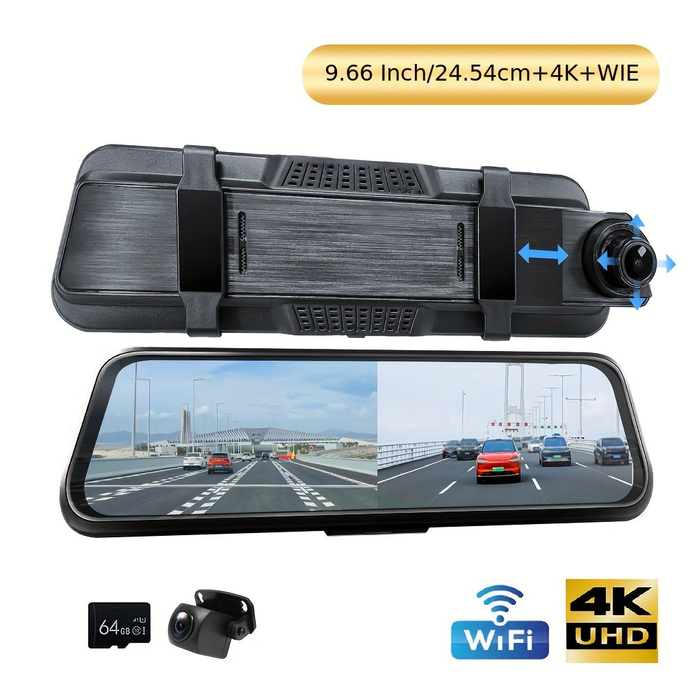 9.66" 4K Mirror Dash Cam Backup Camera, 2160P Full HD Smart Rearview Mirror For Cars & Trucks, Front And Rear View Dual Cameras, Night Vision, Parking Assistance, Included 64GB Card
