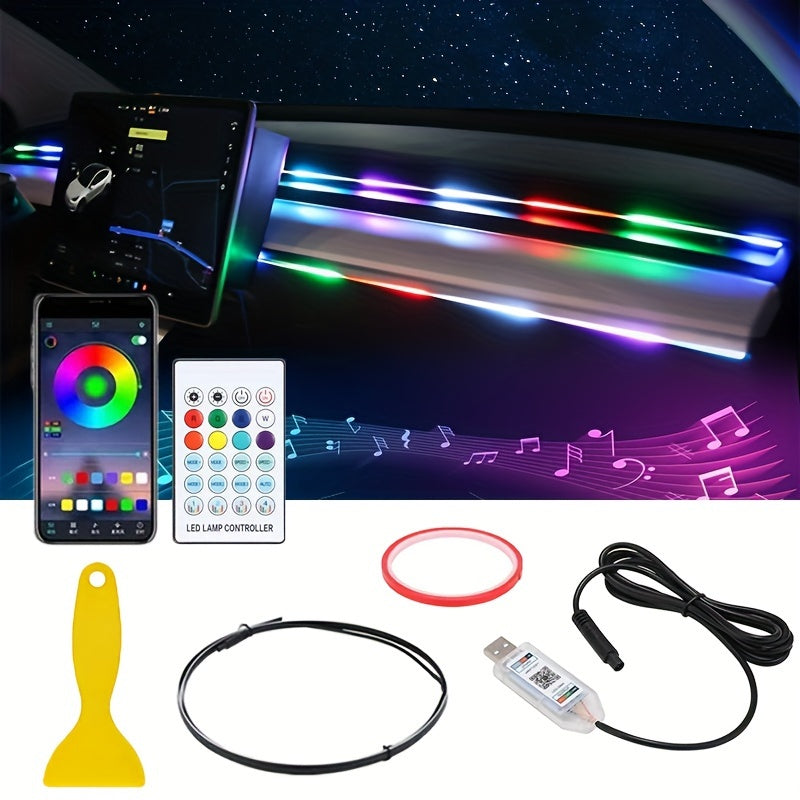 64 Color USB Car LED Ambient Light Acrylic Strip Instrument Panel Decorative Light RGB Car Interior Hidden APP Remote Control Ambient Light, Music Jumping Light Strip