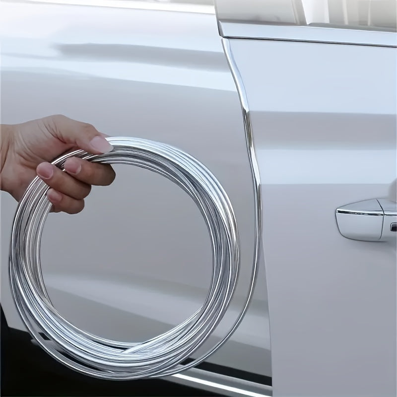 5m Car Door Chrome Molding Decorative Strip Edge Scratches Rear Bumper Protector Cover With Rolled Chrome Molding Decorative Strip To Prevent Scratches, Universal For All Cars
