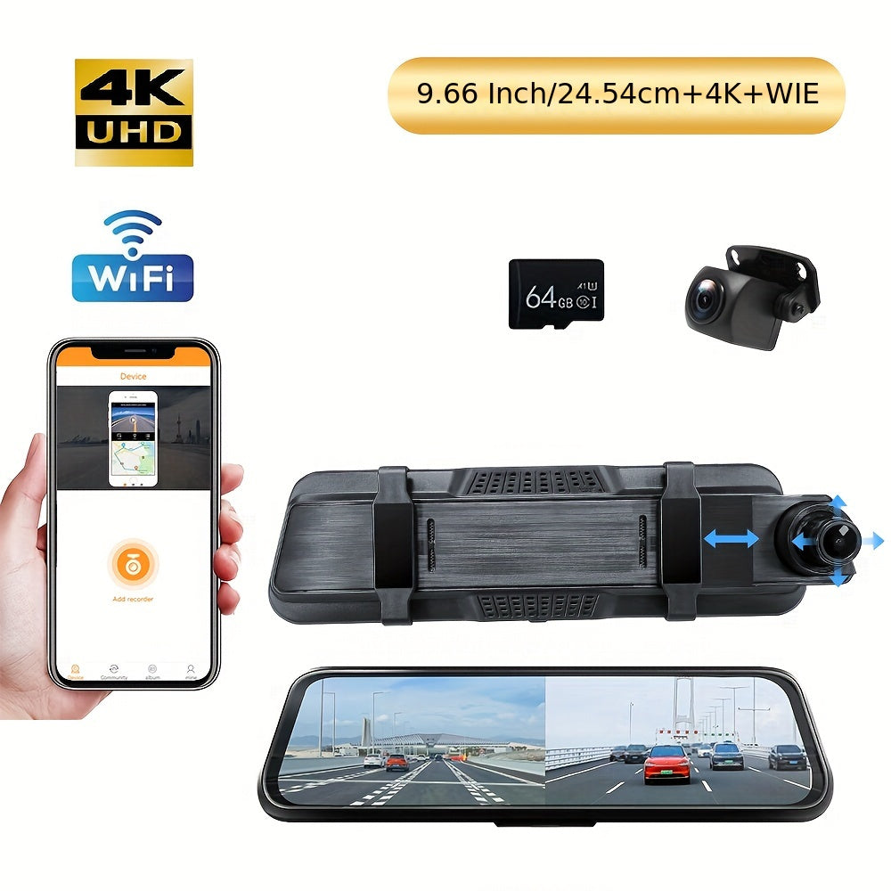 9.66" 4K Mirror Dash Cam Backup Camera, 2160P Full HD Smart Rearview Mirror For Cars & Trucks, Front And Rear View Dual Cameras, Night Vision, Parking Assistance, Included 64GB Card