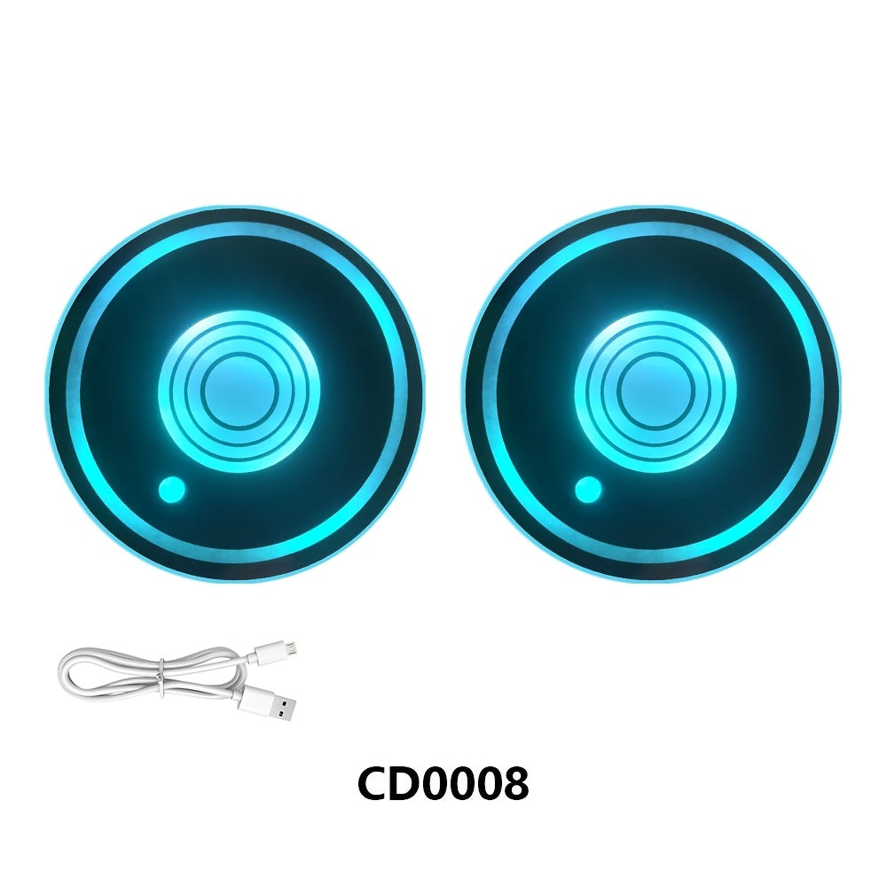 2pcs Round Car LED Luminous Coaster with LED Neon Lights, Intelligent Sensing Color Atmosphere Light Coaster, USB Rechargeable Coaster, Holiday, Party Decoration Coaster, Car Interior Accessories, Bar Decoration, Home Decorat