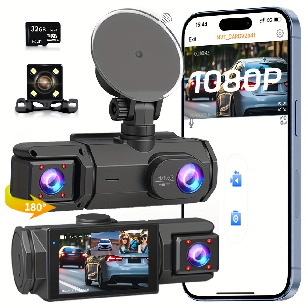 32GB 2.0 Inch IPS Screen 3-Channel Dash Cam - Wide 170° Angle, WIFI, Loop Recording, G-Sensor, Front Inside Rear Camera - Night Vision, Motion Detection, Parking Monitor, and More
