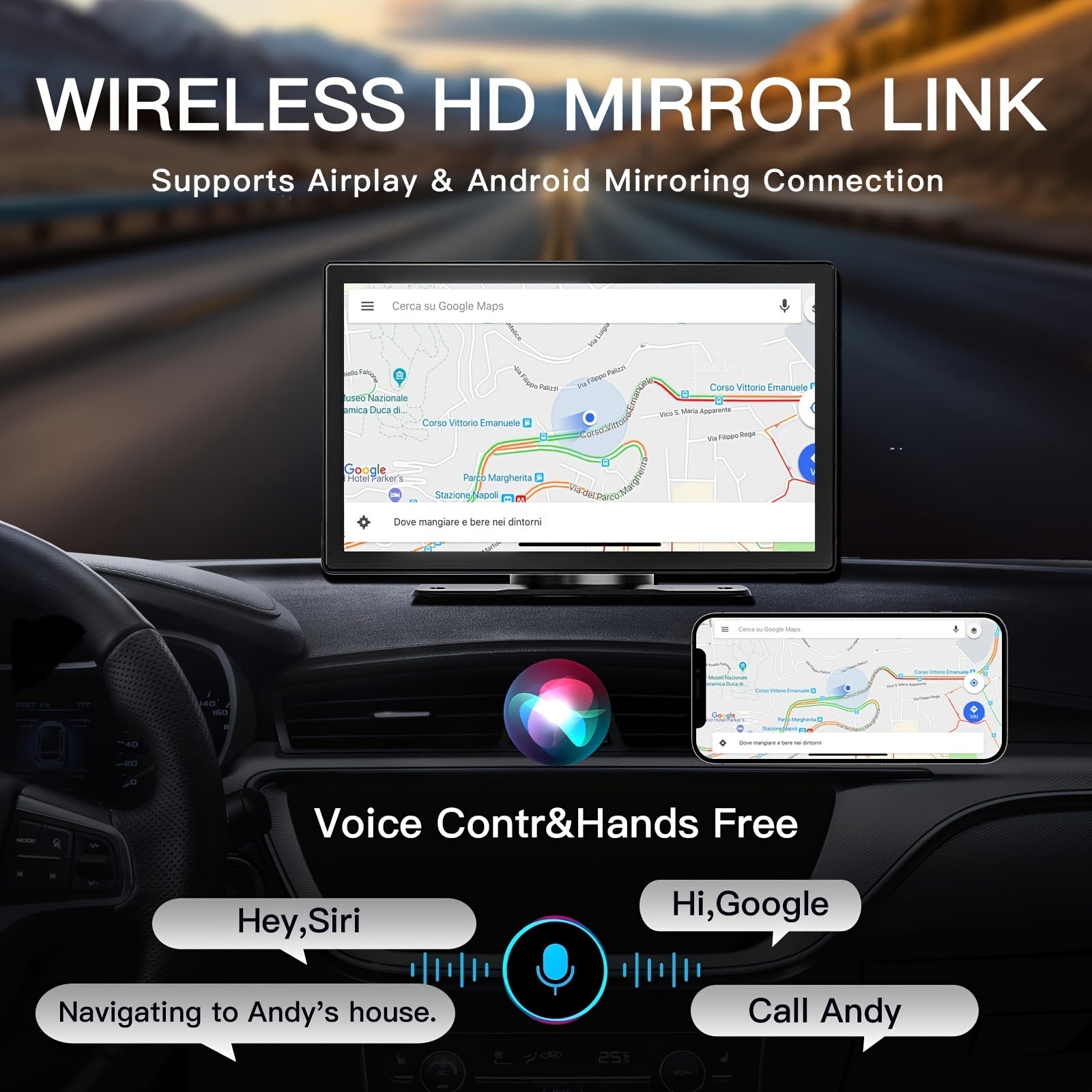 9'' 4K Wireless CarPlay & Android Auto Touchscreen Carabc with Dash Cam, GPS Navigation, Mirror Link, FM, Voice Control