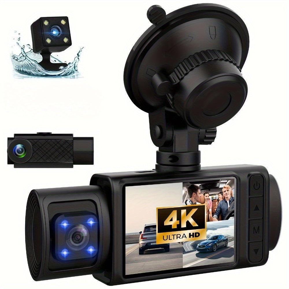 3-Channel 4K+1080P Triple Dash Cam - 2160P Full UHD, 170°Deg Wide Angle, Infrared Night Vision, G-Sensor, 32GB Card Included - Advanced Car Dashboard Camera for Front, Inside, and Rear Recording