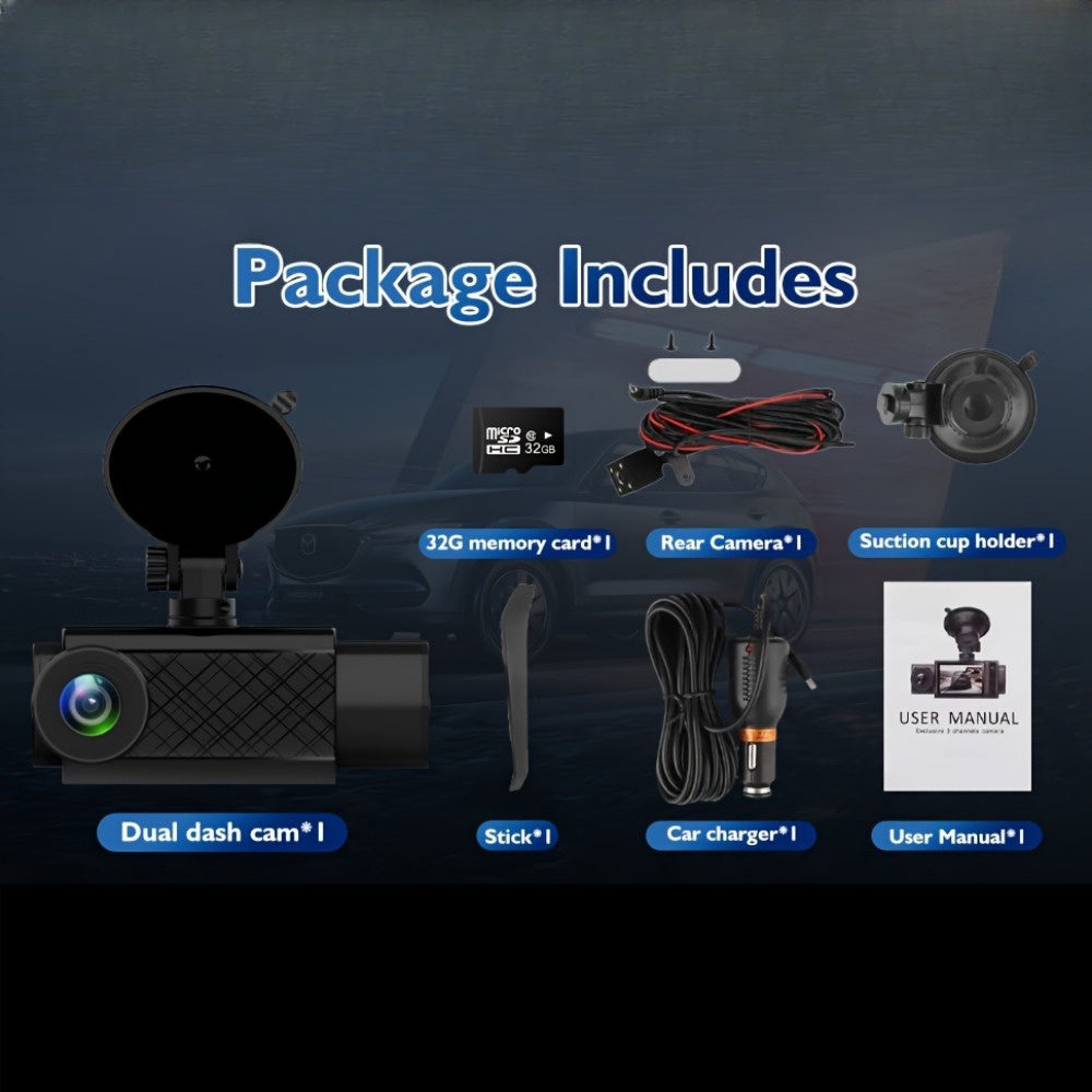 3-Channel 4K+1080P Triple Dash Cam - 2160P Full UHD, 170°Deg Wide Angle, Infrared Night Vision, G-Sensor, 32GB Card Included - Advanced Car Dashboard Camera for Front, Inside, and Rear Recording
