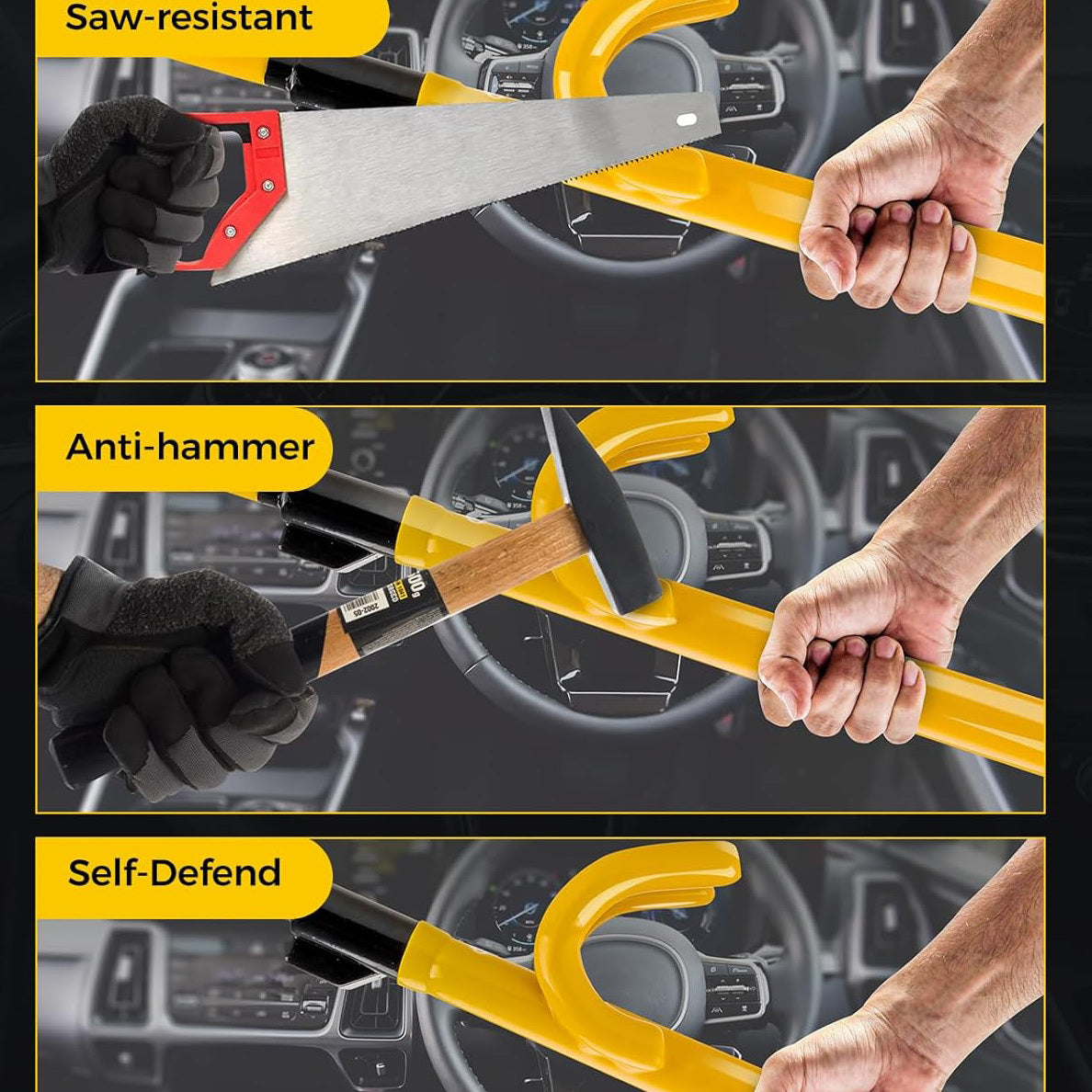 Steering Wheel Lock for Car - Double Hooks Anti-Theft Device and Heavy Duty Car Security Lock with Adjustable Locking and 2 Keys, Double Hook Car Locks for SUV, for Truck, for Van, for RV, for Sedan