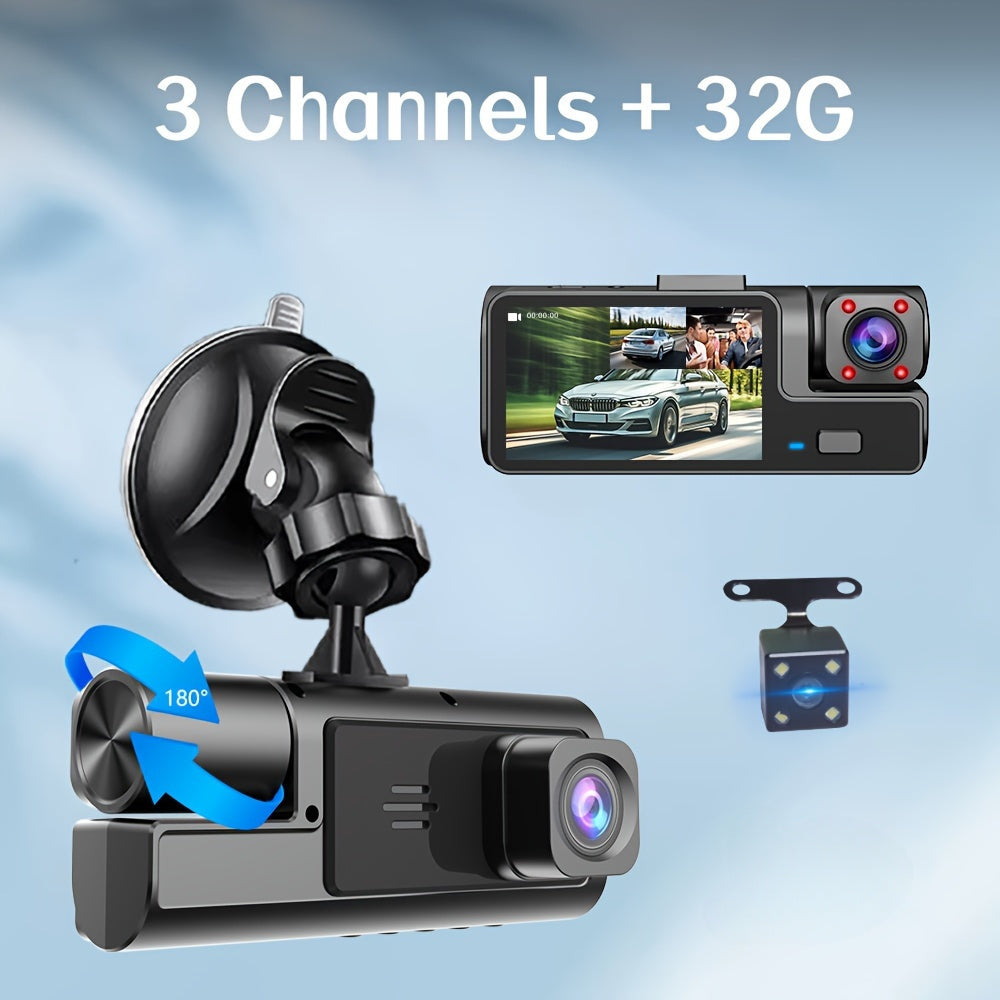 Car Dash Cam Driving Recorder front and rear tachograph, automotive triple tachograph, tachograph with 32GB card, 2160P full HD, G sensor, 170° wide Angle instrument panel with infrared night vision