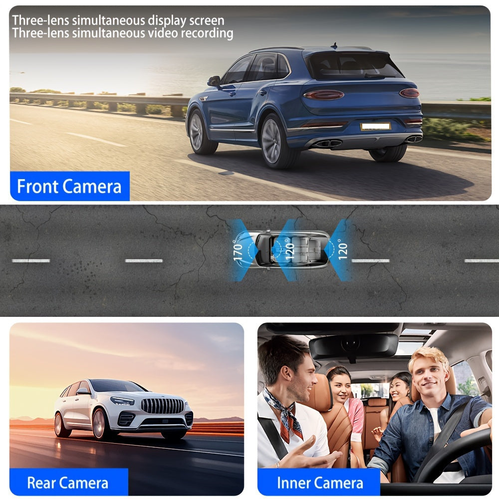Car Dash Cam Driving Recorder front and rear tachograph, automotive triple tachograph, tachograph with 32GB card, 2160P full HD, G sensor, 170° wide Angle instrument panel with infrared night vision