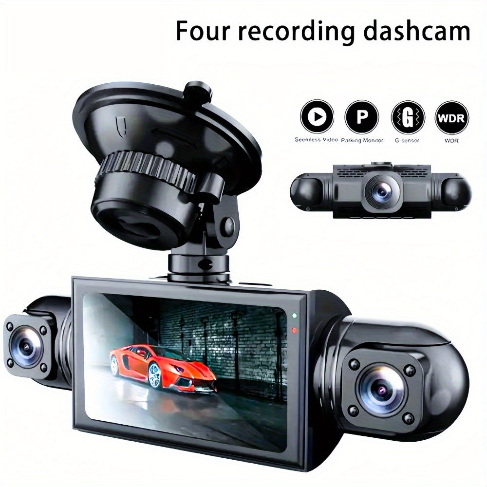 1pc 4K Dual Dash Cam with 1080P Front and 1080P Rear Camera, 4-Way HD Car Dashboard Camera, 360° Swivel, Loop Recording, Night Vision, G-Sensor, WDR, Rechargeable Lithium Polymer Battery, LED Display, Car Plug Power, ≤36V