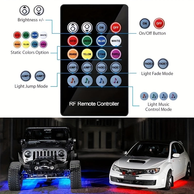 One belt four RGB led light strip car super bright general light strip car LED bottom light neon, with APP dynamic RGB color change, music mode, remote control, car base light strip, LED light base light kit