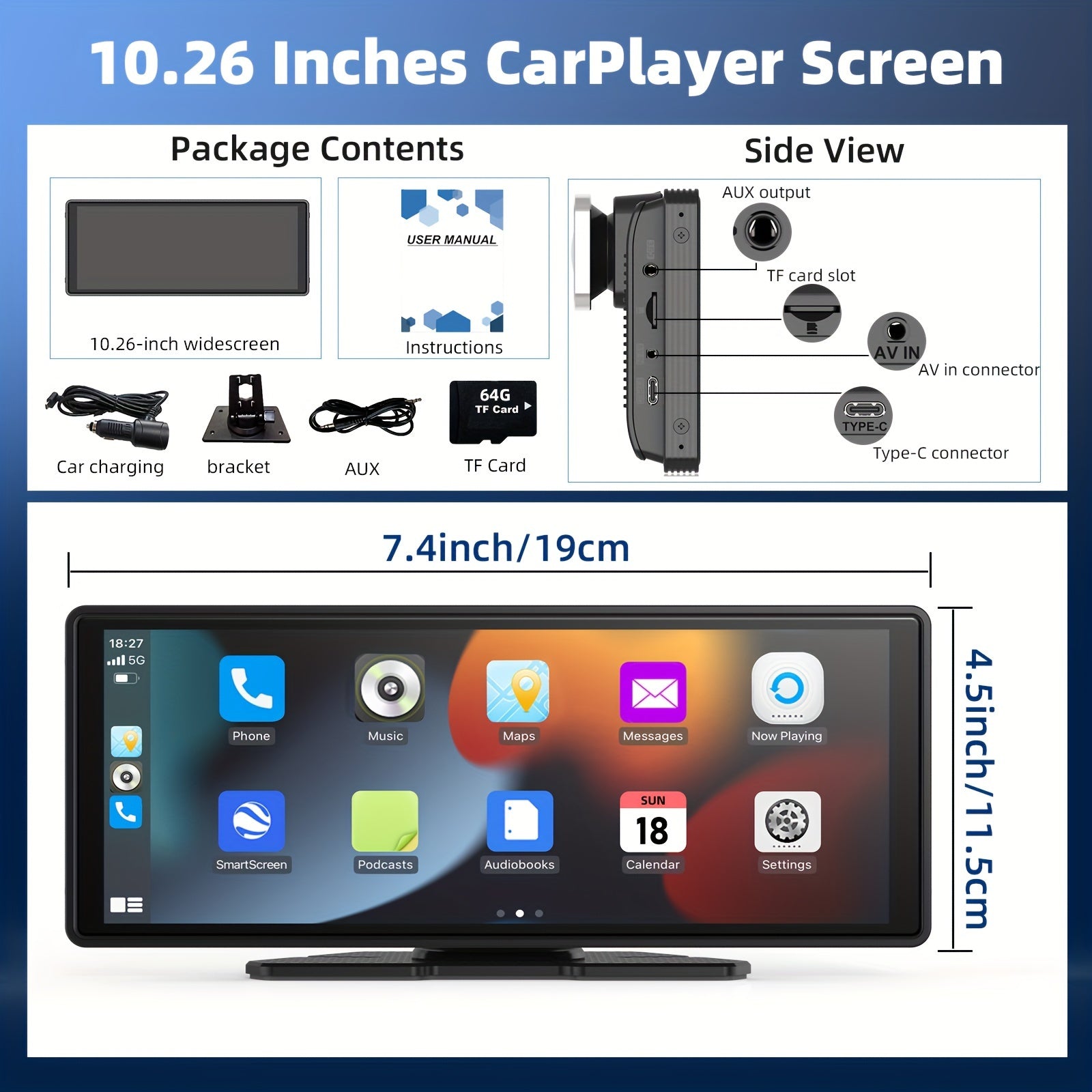 10-Inch Portable Car Player - 4K Dash Cam, Wireless Android Auto Car Play Screen, Voice Control, Mirror Link, Car Audio Receiver with AUX, 64G TF Card, Phone Holder - Upgrade Your Car Entertainment System