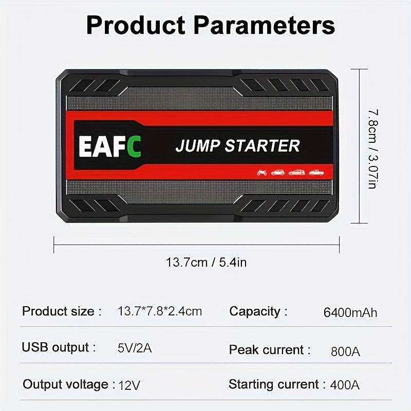 Portable Car Jump Starter Power Bank - 12V Auto Starting Device with LED Light, Supports 12V Gasoline Cars Up to 3.0L, Emergency Booster for Safe and Reliable Jump Starting