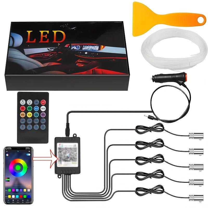 Interior Car LED Strip Lights With Wireless APP And Remote Control, 5 In 1 Ambient Lighting Kits With 236 Inches Fiber Optic, 16 Million Colors Car Neon Lights, Sync To Music