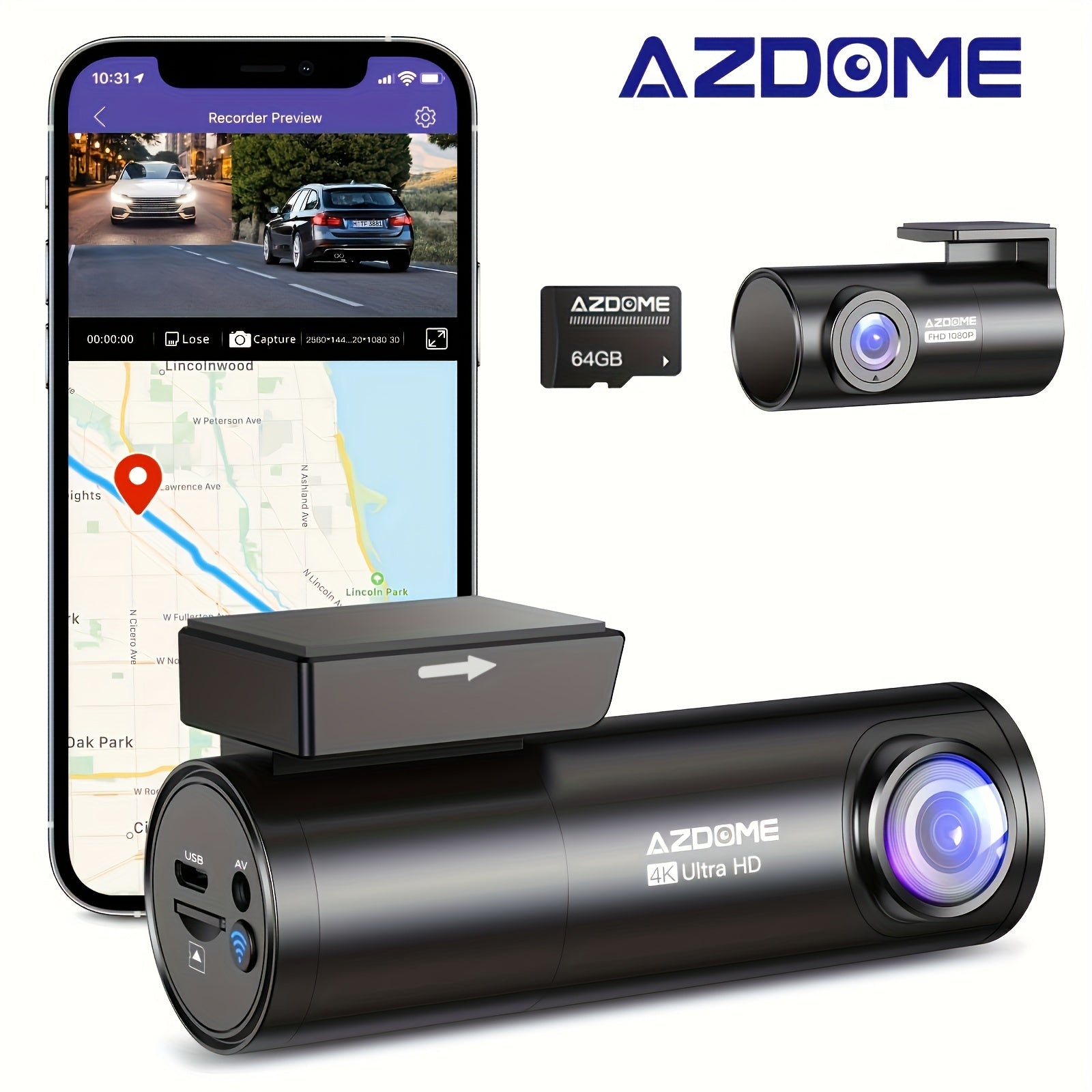 AZDOME M300S Dash Cam 4K HD Dual Recording - 5G WiFi & GPS Enabled, Voice Activated & 64GB Card - For Secure Driving With Enhanced Night Vision & Parking Mode