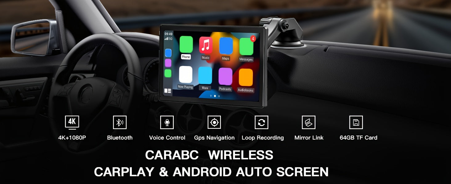 9'' 4K Wireless CarPlay & Android Auto Touchscreen Carabc with Dash Cam, GPS Navigation, Mirror Link, FM, Voice Control