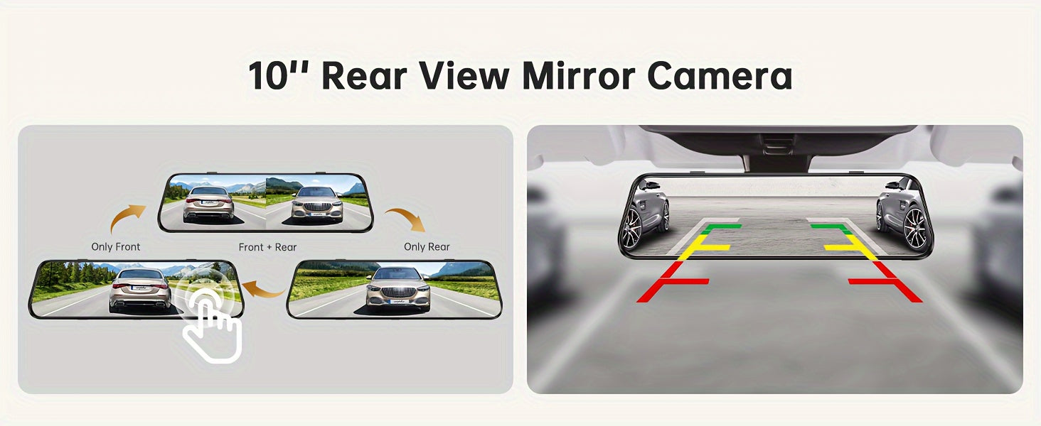 10'' Rear View Mirror Full Touch Screen Mirror Dual Camera Dash Cam, Dash Cam Front 1080P And Rear 720P, App Control With WiFi And GPS, English Voice Control, WDR Super Night Vision, Parking Mode(Need To Connect Mini 3-lead H