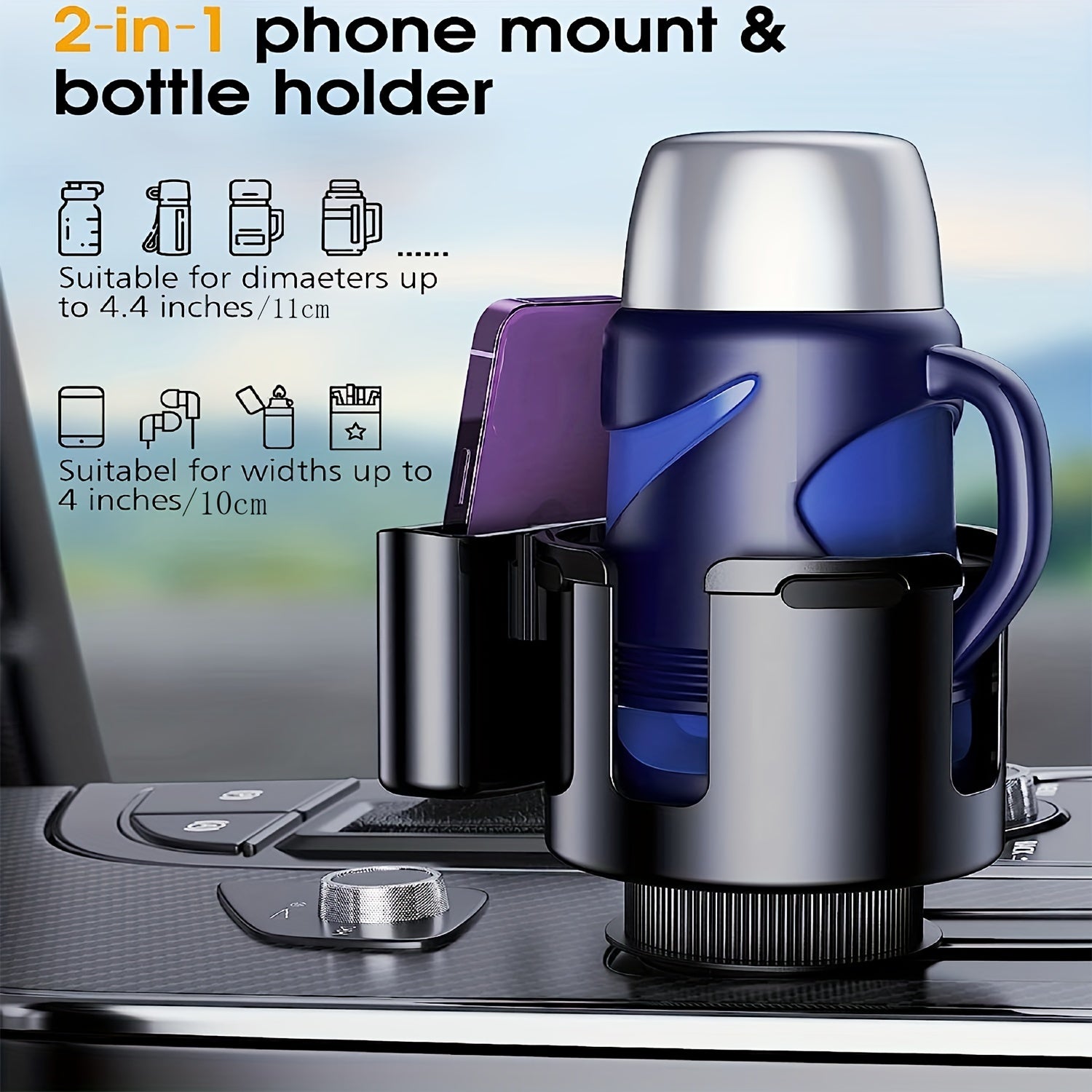 2-in-1 Cup Holder Phone Holder For Car, Multifunctional Large Cup Holder, Fits For Yeti, Stanley 32/40/46, Car Drinking Bottle Holder