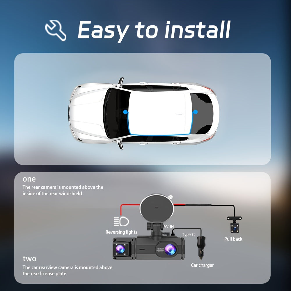 32GB 2.0 Inch IPS Screen 3-Channel Dash Cam - Wide 170° Angle, WIFI, Loop Recording, G-Sensor, Front Inside Rear Camera - Night Vision, Motion Detection, Parking Monitor, and More