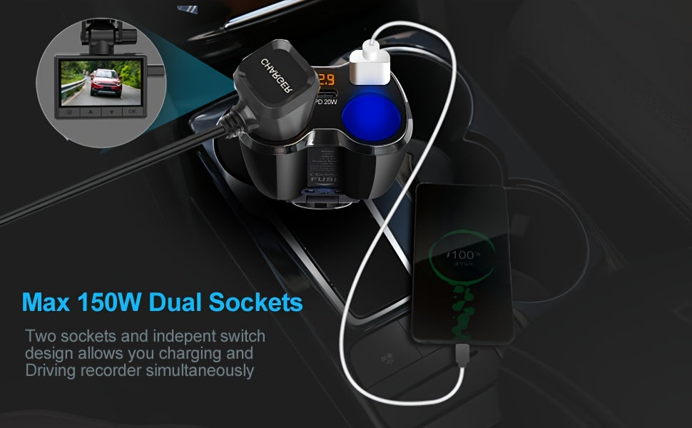 Cigarette Lighter Adapter, 150W 2 Sockets Car Cigarette Lighter Splitter Dual QC3.0 and 20W PD Type C Ports 12/24V Car Charger with ON/Off Switch for iPhone iPad Android Dash Cam