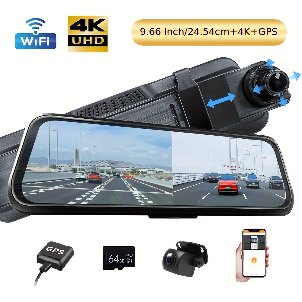 9.66" 4K Mirror Dash Cam Backup Camera, 2160P Full HD Smart Rearview Mirror For Cars & Trucks, Front And Rear View Dual Cameras, Night Vision, Parking Assistance, Included 64GB Card & GPS