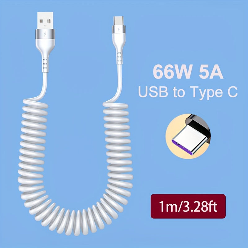 5A 66W USB To Type C Fast Charging Data Cable For Xiaomi Redmi POCO Honor Samsung OPPO VIVO Mobile Phone Charger Accessories Car USB Charge Cable Spring Telescopic USB C Cord Max Stretch 39.37inch/59.06inch