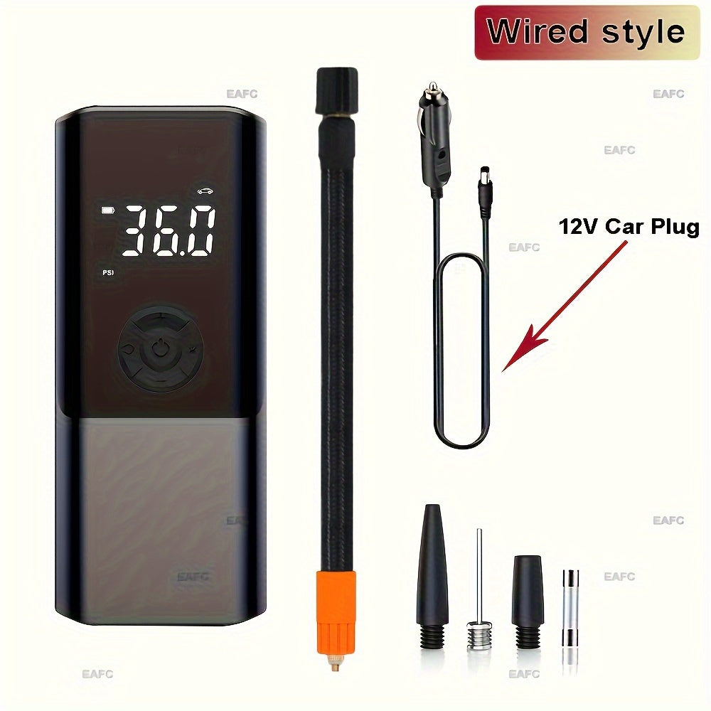 Portable Electric Car Tire Inflator Pump, USB Charging with Digital Display, Rechargeable Lithium Battery, LED Light, for Car Bike Motor Balls, ≤36V Operating Voltage, USB Type-C Connector, 1500mAh Capacity
