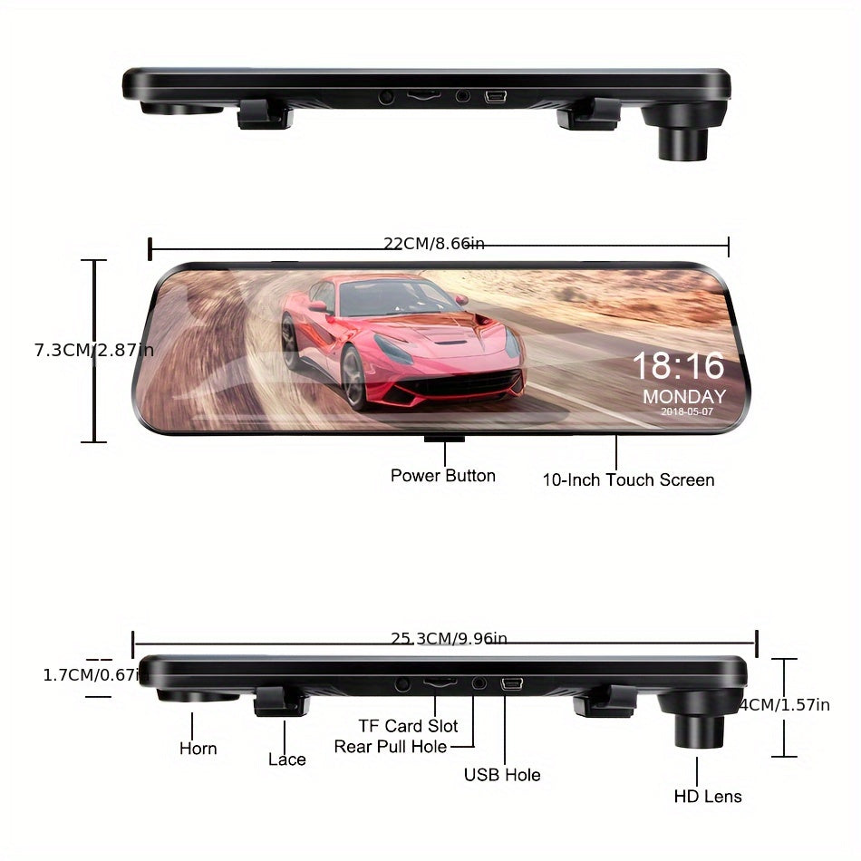 1080P HD 9.66 Inch; Mirror Dash Cam Front And Rear, With Touch Screen/ G-sensor/Night Version/ Loop Recording, 32GB Card Optional.
