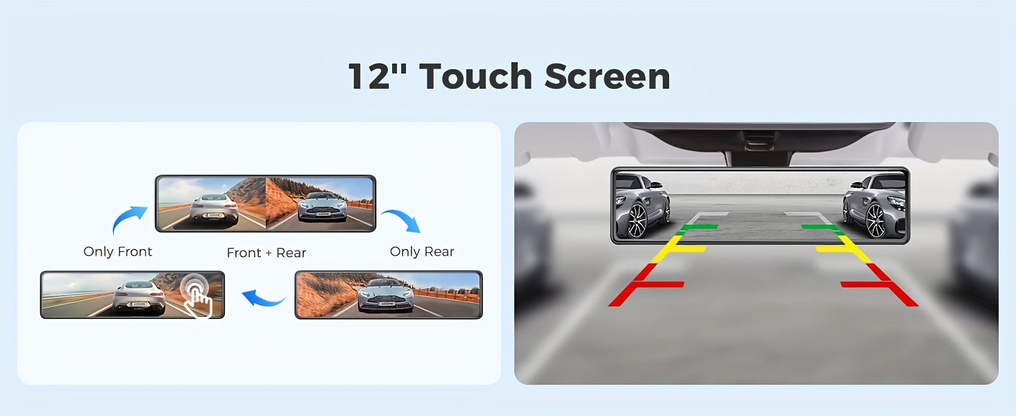 AZDOME 12" 4K Mirror Dash Cam, 4K Mirror Dash Cam with Touch Screen, Front And Rear, Rearview Mirror Camera, Split-Screen Display Rear View Mirror Camera, Dual Dash Camera for Cars, Night Vision, Parking Monitor, 64GB Card &