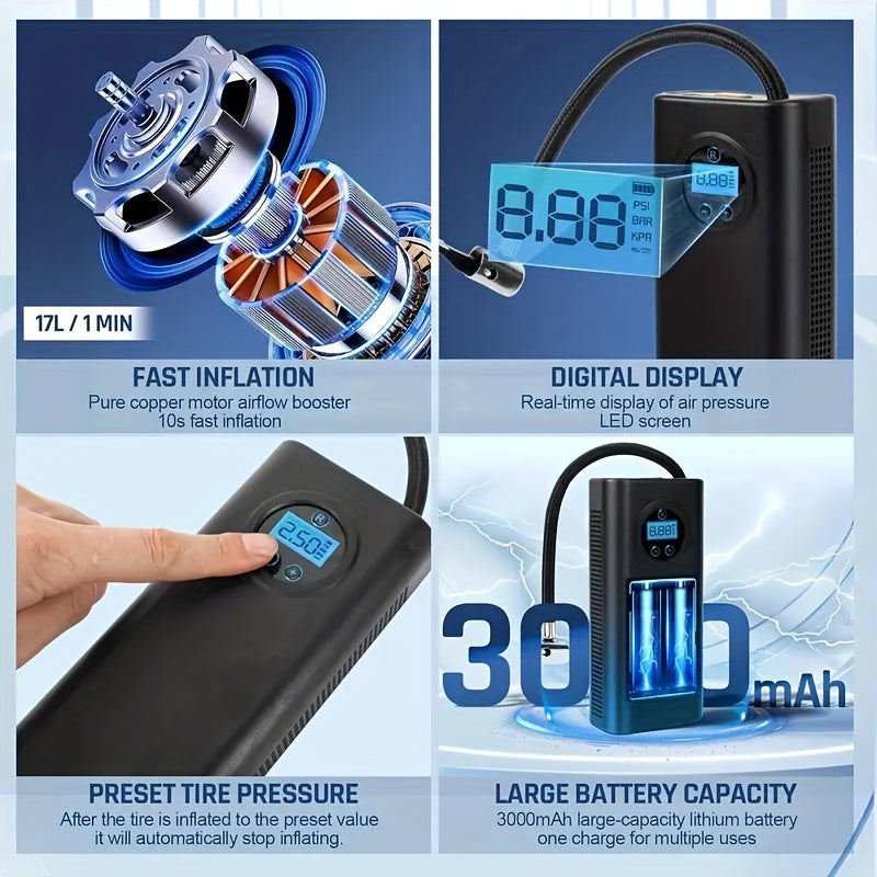 1pc Digital Tire Inflator Air Compressor, 150PSI Automatic Shut-Off Quick Inflation Pump with USB, Battery-Powered, ≤36V, for Car, Bicycle, Electric Bike, Ball Tires - Rechargeable Lithium Polymer Battery