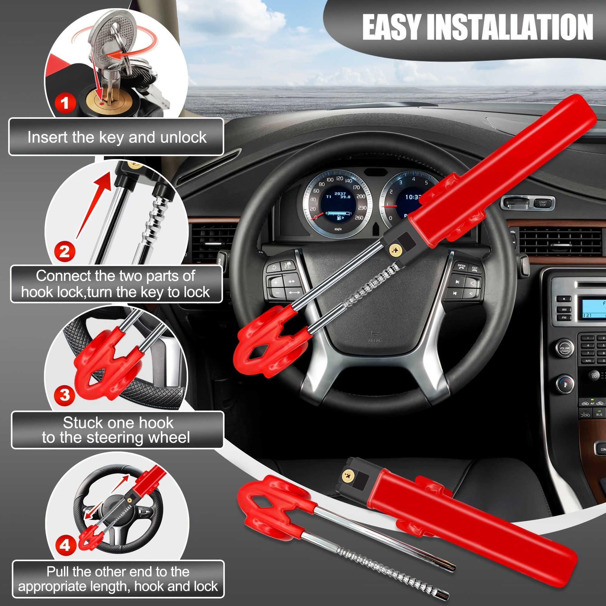 Steering Wheel Lock - Heavy Duty Antitheft Device And Car Security Lock With Adjustable Locking And 3 Keys - Great Vehicle And Truck Deterrent