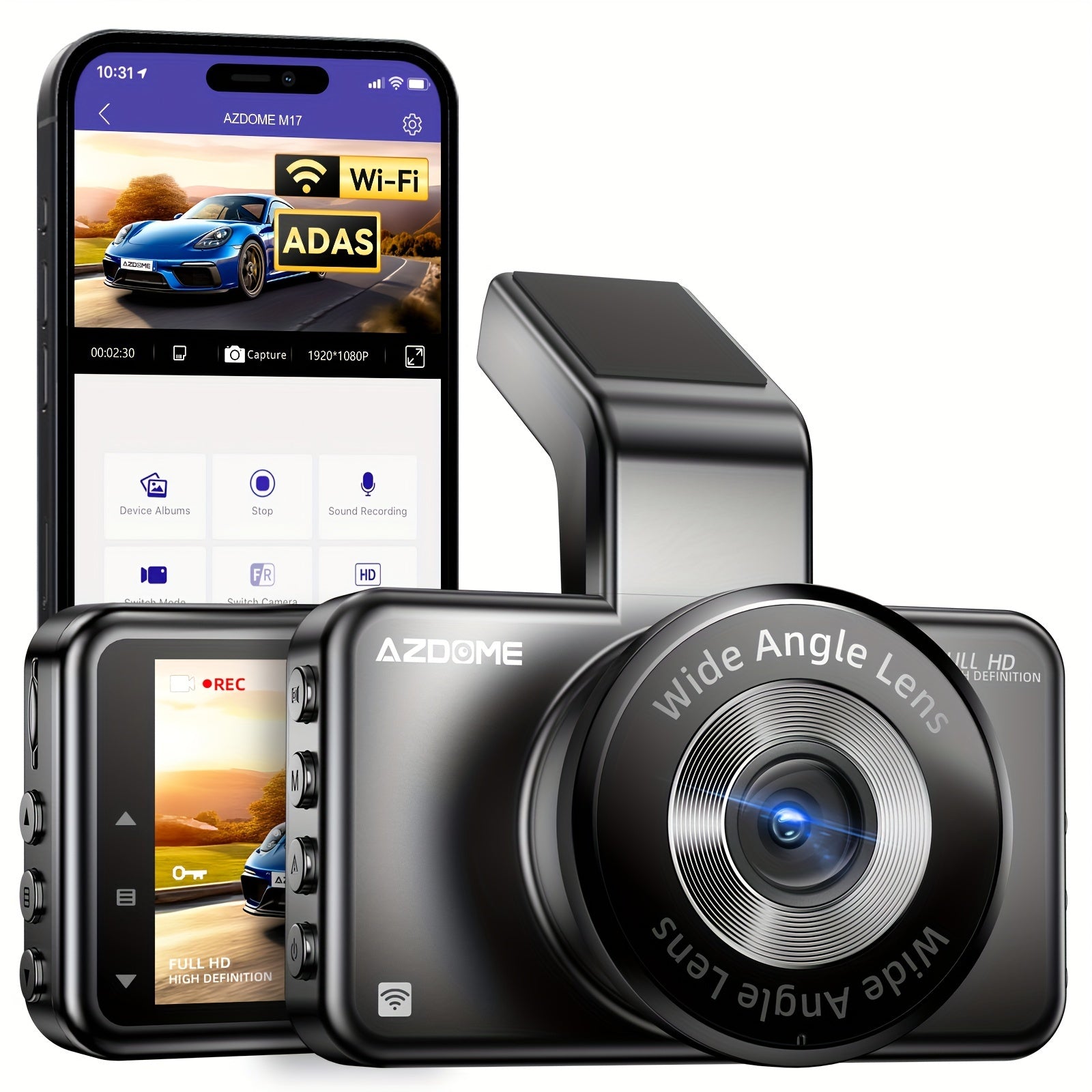 3-Inch Large Screen M17 HD 1080P Front Dash Cam - 6-Glass Lens Super Night Vision, 150° Adjustable View Angle, ADAS, WiFi, Time Lapse Video, G-Sensor, Endless Loop Recording, Parking Mode, Super Capacitor, Simple Installatio