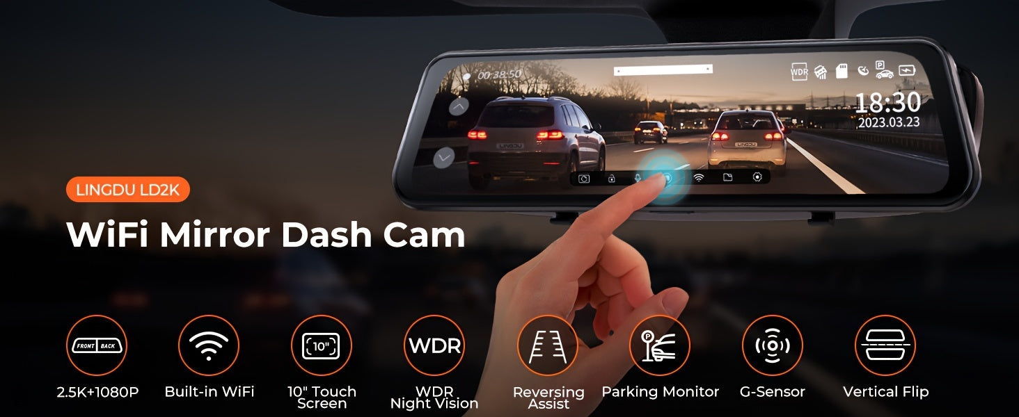 LD2K UHD 10" Full Touch Screen Rear View Mirror Dash Cam, Backup Camera, Front 2K And Rear 1080P Dual Channel Dash Cam, WDR Night Vision, Build-in WiFi, Loop Recording, Emergency Lock, Parking Mode, Simple Installation.
