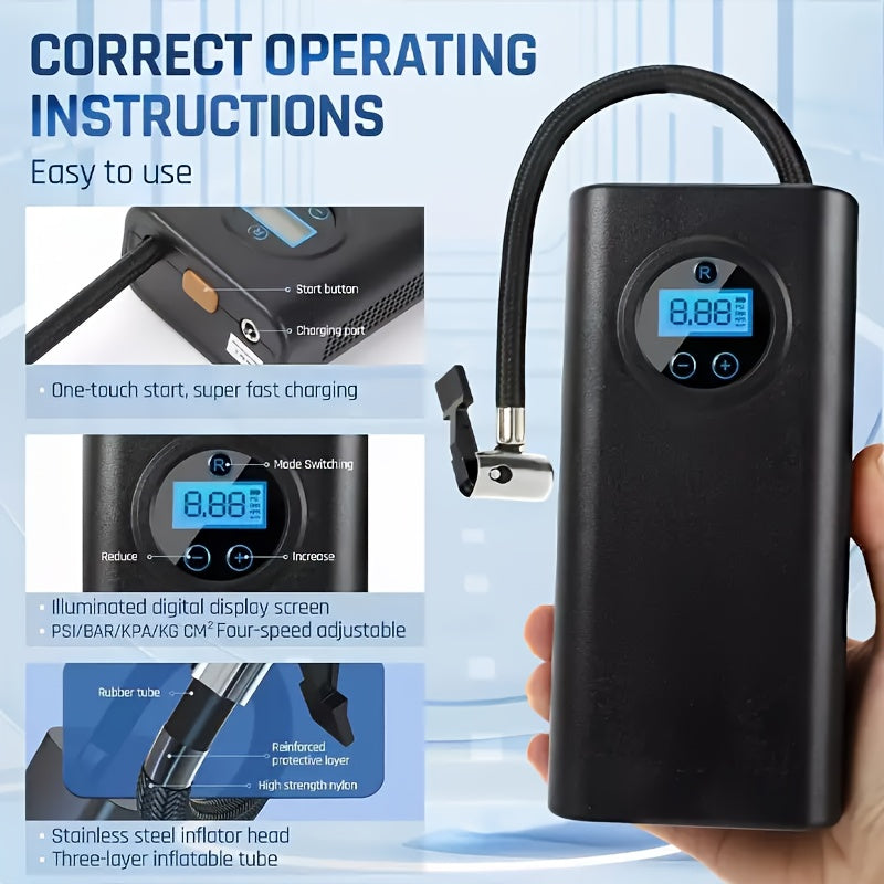 1pc Digital Tire Inflator Air Compressor, 150PSI Automatic Shut-Off Quick Inflation Pump with USB, Battery-Powered, ≤36V, for Car, Bicycle, Electric Bike, Ball Tires - Rechargeable Lithium Polymer Battery