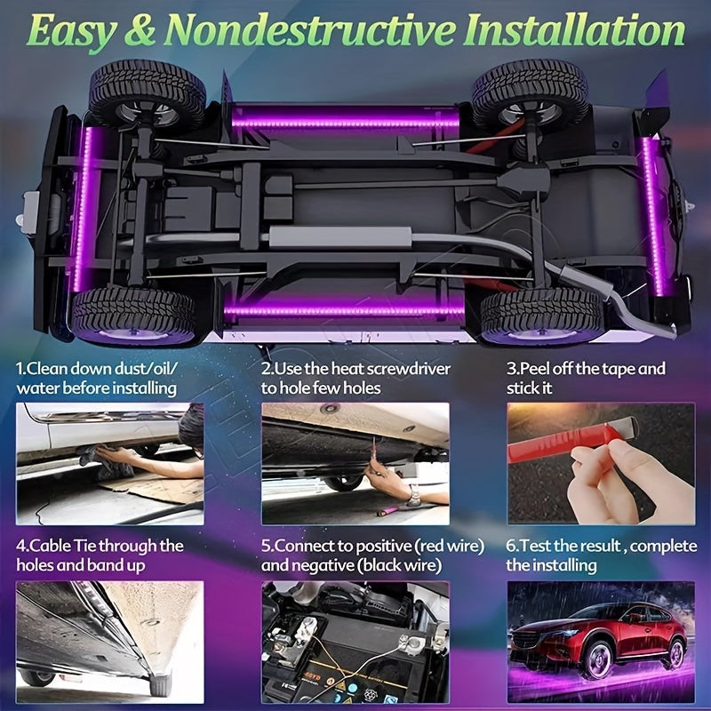 4pcs RGB Car Super Bright Universal Light Bar, Car LED Bottom Light Neon Light With App Dynamic RGB Color Change, Music Mode, Wireless Remote Control, Car Base Glow Light Bar, LED Light Base Glow Kit