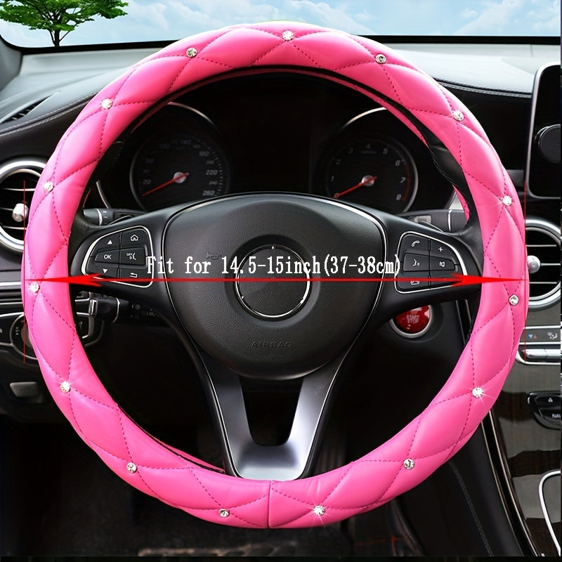 New Style, Rhinestone Inlaid, Artificial Diamond Grid PU Leather Car Steering Wheel Cover, soft And Comfortable, Suitable For Women And Girls.