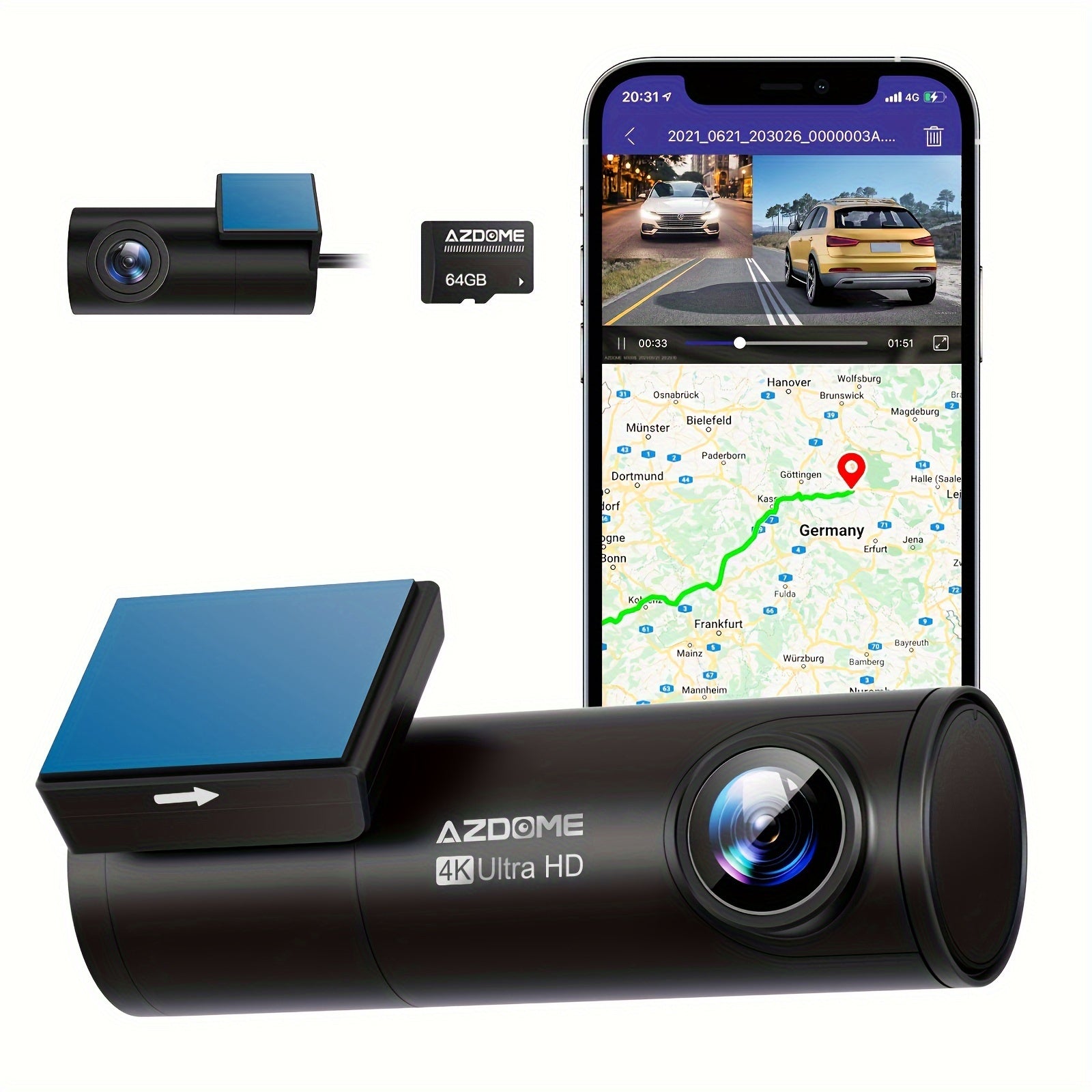 AZDOME M300S Dash Cam 4K HD Dual Recording - 5G WiFi & GPS Enabled, Voice Activated & 64GB Card - For Secure Driving With Enhanced Night Vision & Parking Mode