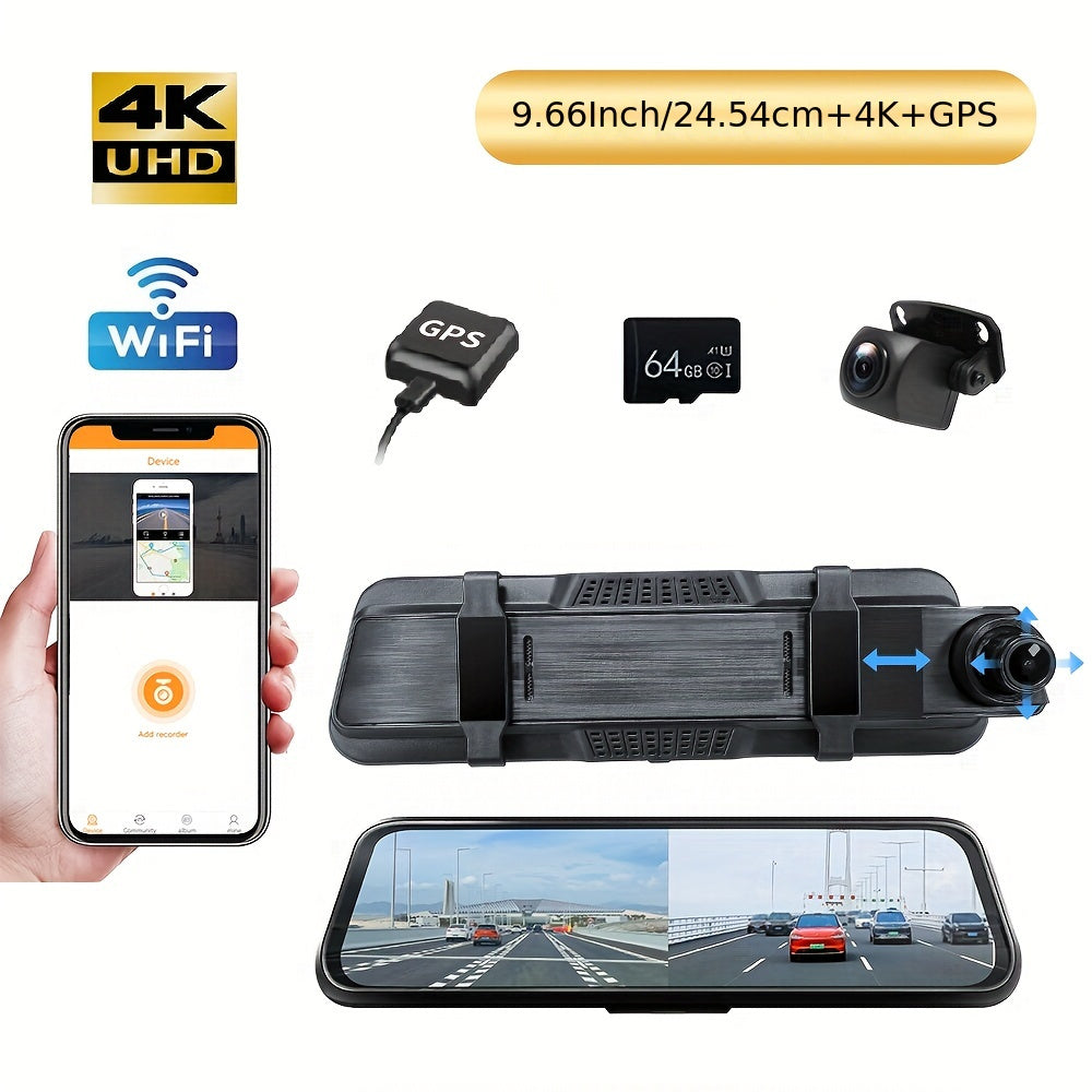 9.66" 4K Mirror Dash Cam Backup Camera, 2160P Full HD Smart Rearview Mirror For Cars & Trucks, Front And Rear View Dual Cameras, Night Vision, Parking Assistance, Included 64GB Card & GPS