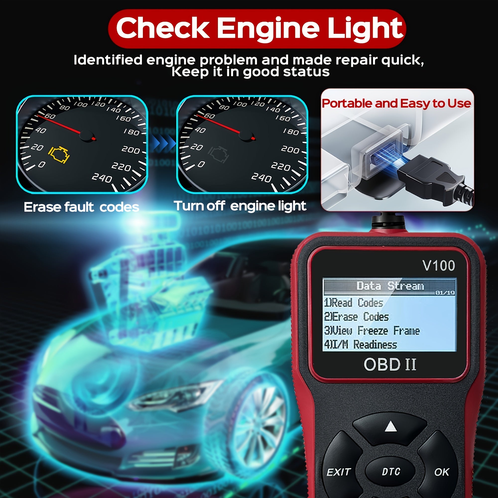 1pc V100 OBD2 Scanner, USB Powered Car Fault Code Reader, Engine Diagnosis Tool for OBD II Protocol Vehicles Since 1996, I/M Readiness, Battery Voltage Test, Code Read & Erase Functions, Without Battery