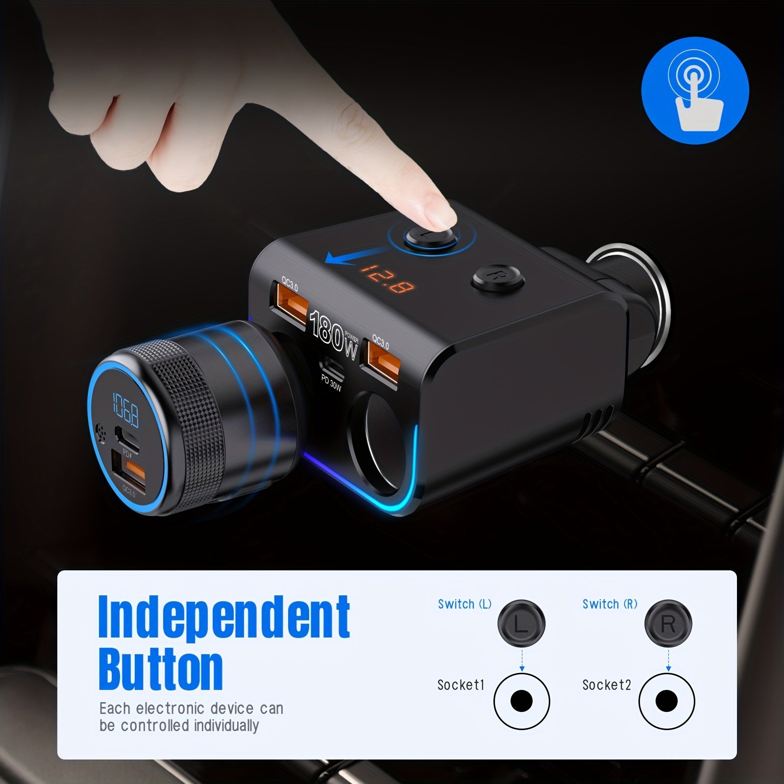 Dual QC3.0 Cigarette Lighter USB Charger 180W Car USB Charger with QC3.0 & PD Car Phone Charger Cigarette Lighter Splitter with LED Voltage Display For Phone, iPad, GPS, Dash Cam and More