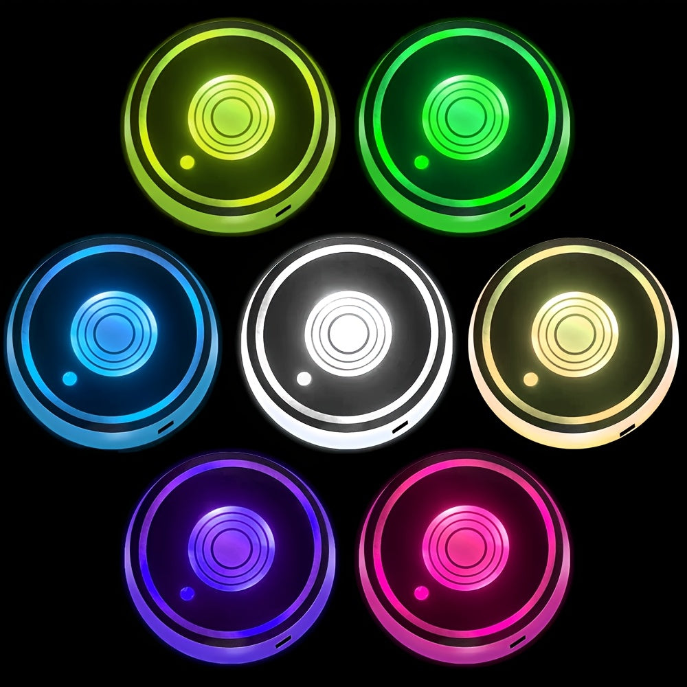 2pcs Round Car LED Luminous Coaster with LED Neon Lights, Intelligent Sensing Color Atmosphere Light Coaster, USB Rechargeable Coaster, Holiday, Party Decoration Coaster, Car Interior Accessories, Bar Decoration, Home Decorat