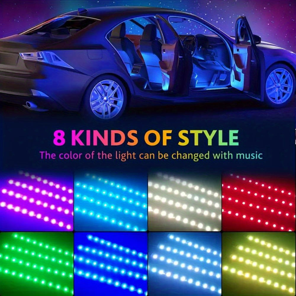 Light Up Your Car With 4pcs 48 LEDs Neon LED Interior Lights - Music Sync, Wireless Remote Control Auto RGB Decorative Lamps