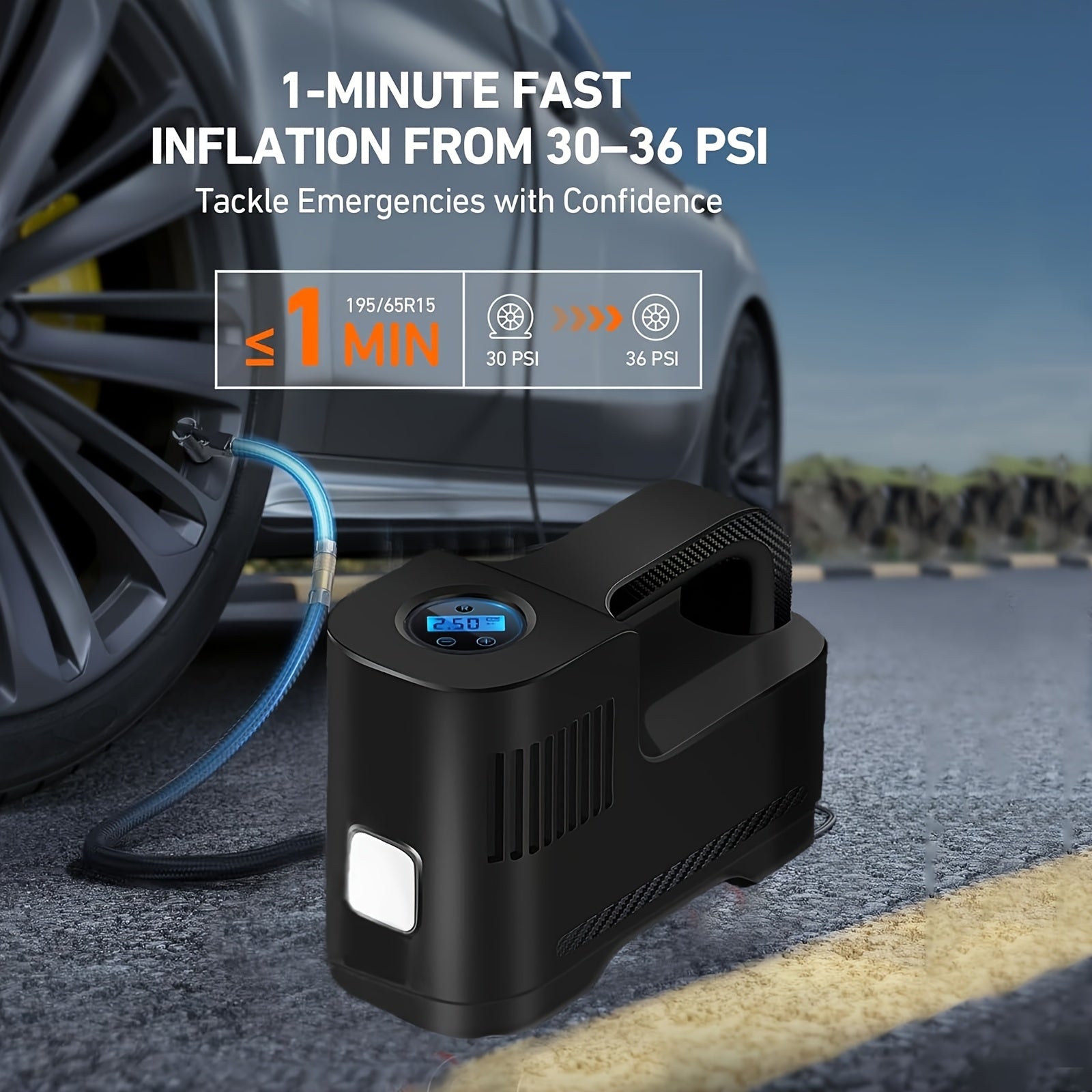 Tire Inflator Portable Air Compressor Tire Air Pump for Car Tires - Car Accessories, 12V DC Auto Pump with Digital Pressure Gauge, Emergency LED Light for Bicycle, Balloons, Black