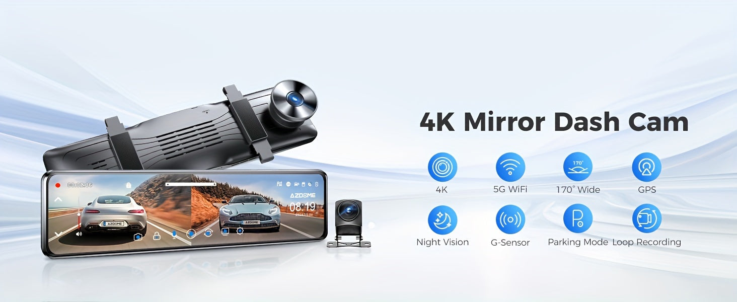 AZDOME 12" 4K Mirror Dash Cam, 4K Mirror Dash Cam with Touch Screen, Front And Rear, Rearview Mirror Camera, Split-Screen Display Rear View Mirror Camera, Dual Dash Camera for Cars, Night Vision, Parking Monitor, 64GB Card &
