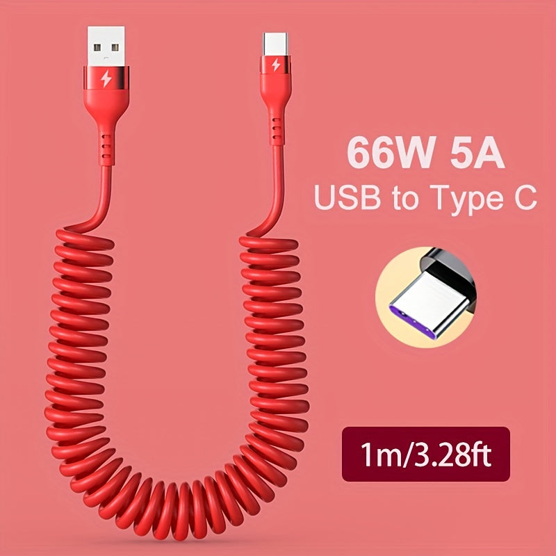 5A 66W USB To Type C Fast Charging Data Cable For Xiaomi Redmi POCO Honor Samsung OPPO VIVO Mobile Phone Charger Accessories Car USB Charge Cable Spring Telescopic USB C Cord Max Stretch 39.37inch/59.06inch