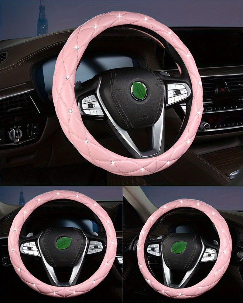 New Style, Rhinestone Inlaid, Artificial Diamond Grid PU Leather Car Steering Wheel Cover, soft And Comfortable, Suitable For Women And Girls.