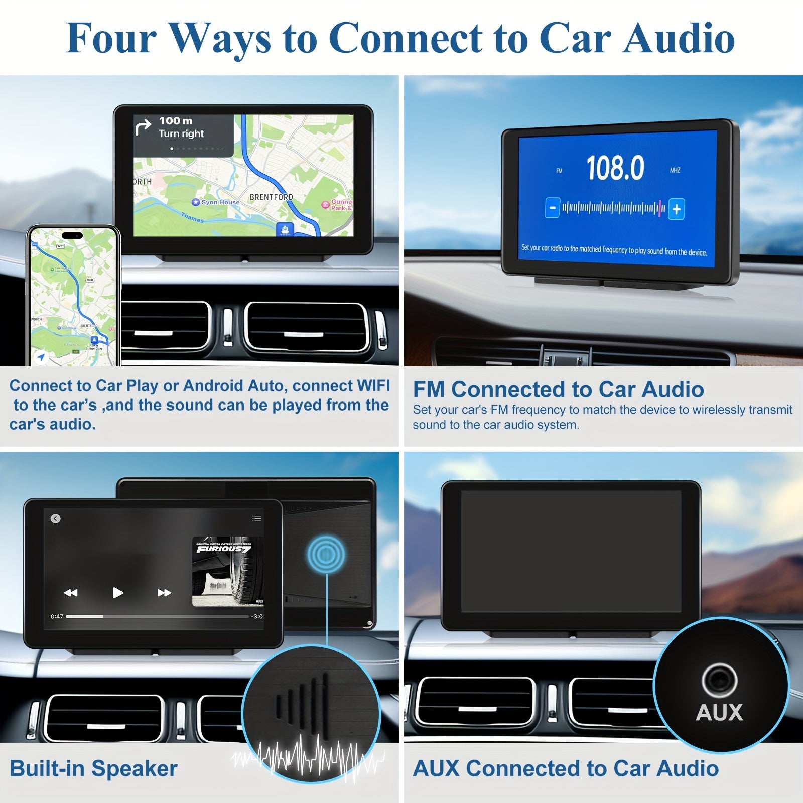 Portable Car Play Screen For Car, 7'' IPS Touch Screen With 4K Dash Cam, Wireless Android Auto Screen, 1080P Backup Camera, Voice Control, Mirror Link, GPS Navigation For Cars, Trucks, SUVs