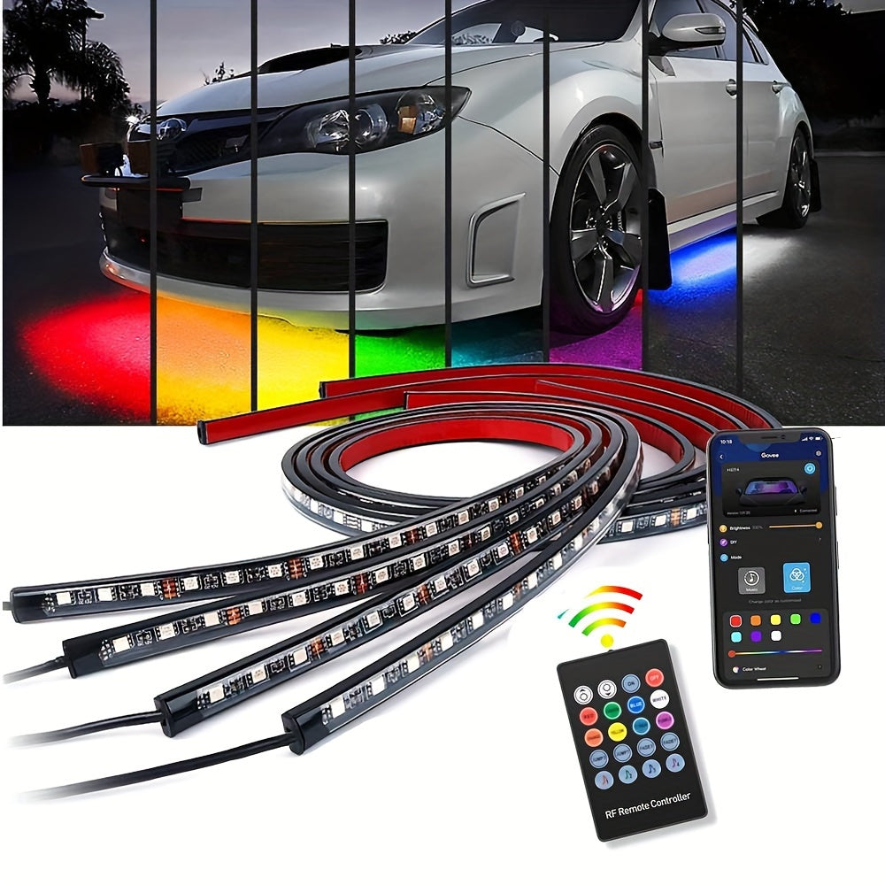 4Pcs Car Underglow Neon Accent Strip Lights, RGB 8 Color Sound Active Function Music Mode, App And Remote Dual Control Exterior Car LED Light RGB 16 Million Color Fits Trucks ATV UTV LED Light Exterior Strips, Car Under Body