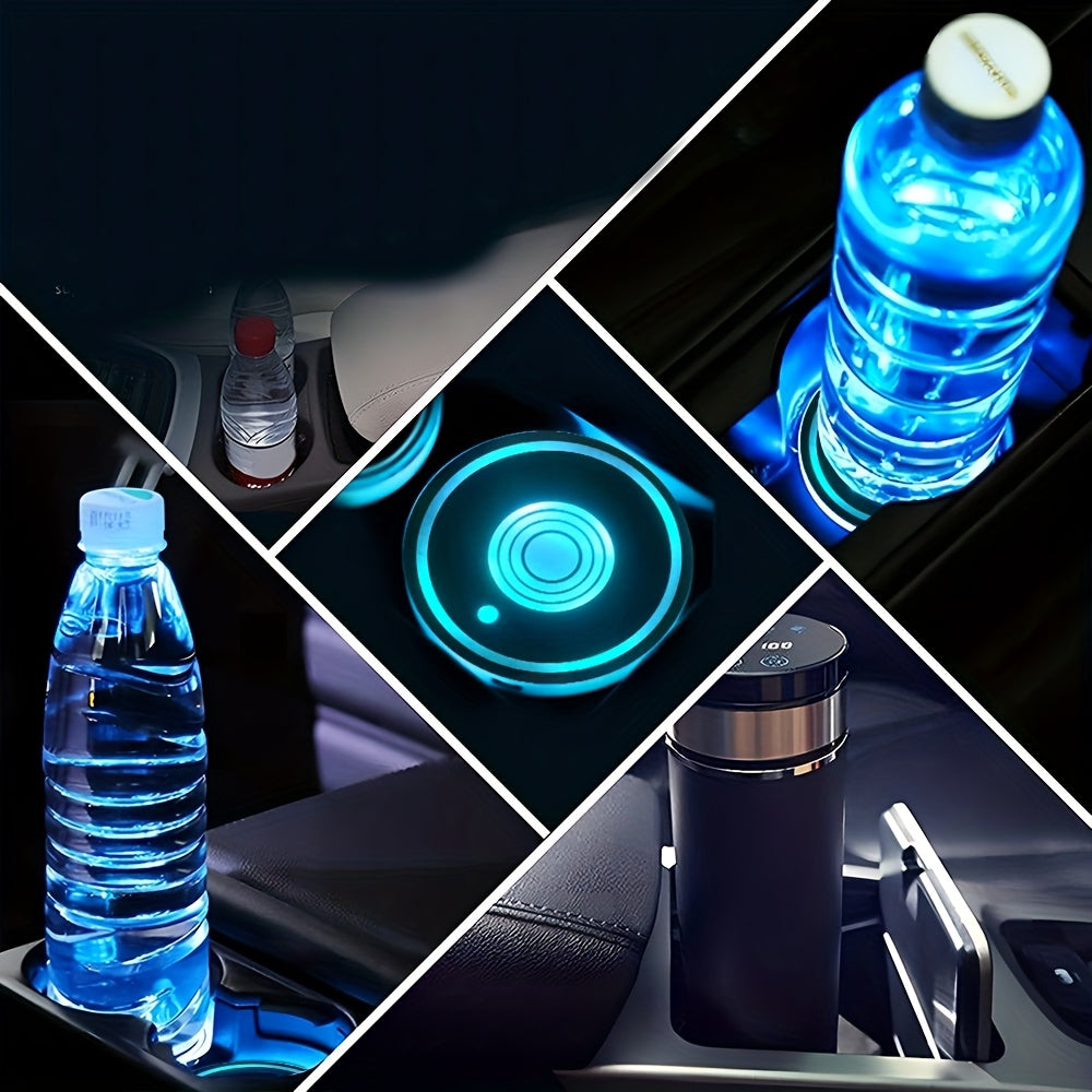 2pcs Round Car LED Luminous Coaster with LED Neon Lights, Intelligent Sensing Color Atmosphere Light Coaster, USB Rechargeable Coaster, Holiday, Party Decoration Coaster, Car Interior Accessories, Bar Decoration, Home Decorat