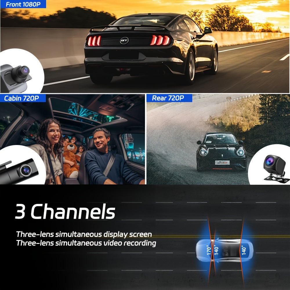 3 Channels Dash Cam Front And Rear Inside 1080P Mirror Camera Dash Camera For Cars, Dash cam Three Way With Night Vision Loop Recording 10 Inch Touch Screen Car Camera, Free 64GB SD card. Built-in Wifi and Super Night Vision,